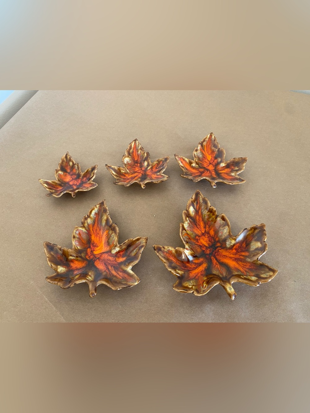 Vintage set of 5 nesting ceramic leaf trinket dishes MCM orange brown Fall decor